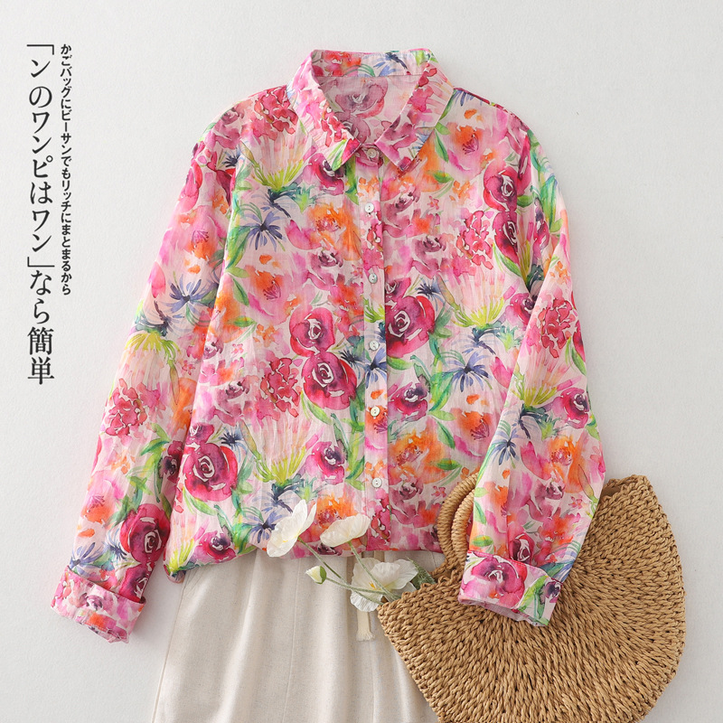 Autumn New Arrival Korean Style Vintage Rose Printed Cotton Long Sleeve Shirt Women's Sleeve Loose plus size Lap Collar Casual Top