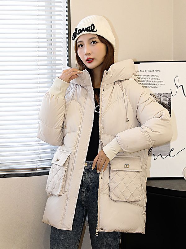 Picture of 2023 new hooded cotton-padded coat solid color warm thickened casual mid-length versatile college style elegant cotton-padded coat