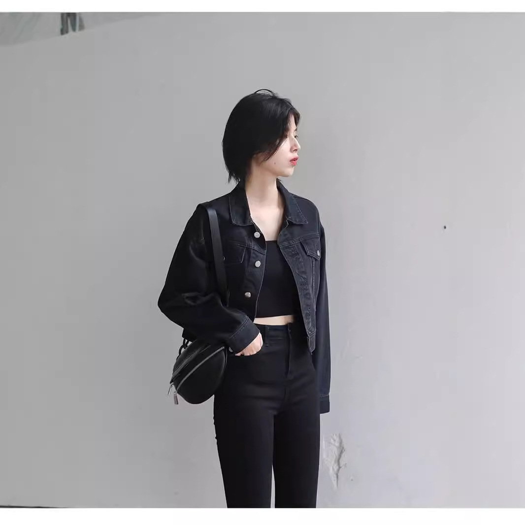 Picture of 2025 New Early Spring Retro Street Loose Black Short Denim Jacket Women's Easiest for Match Jacket Long Sleeve Top