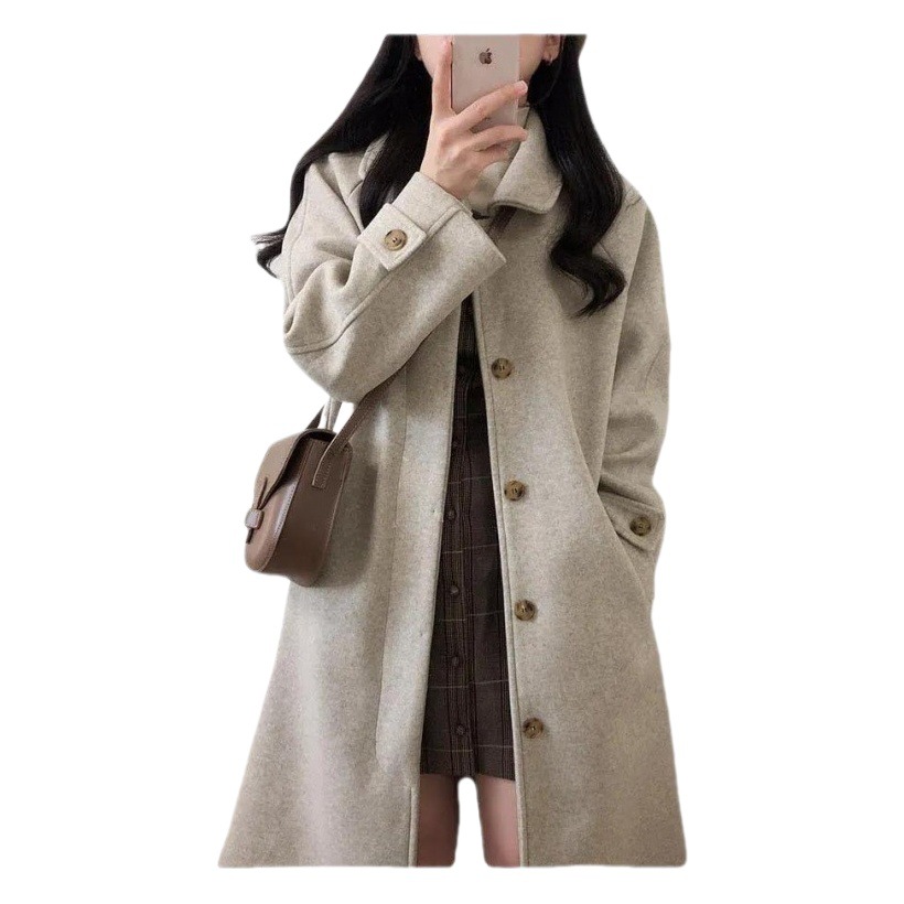 Student woolen coat Women's Mid-length 2023 autumn and winter New Korean style loose slimming thickened over-the-knee woolen coat