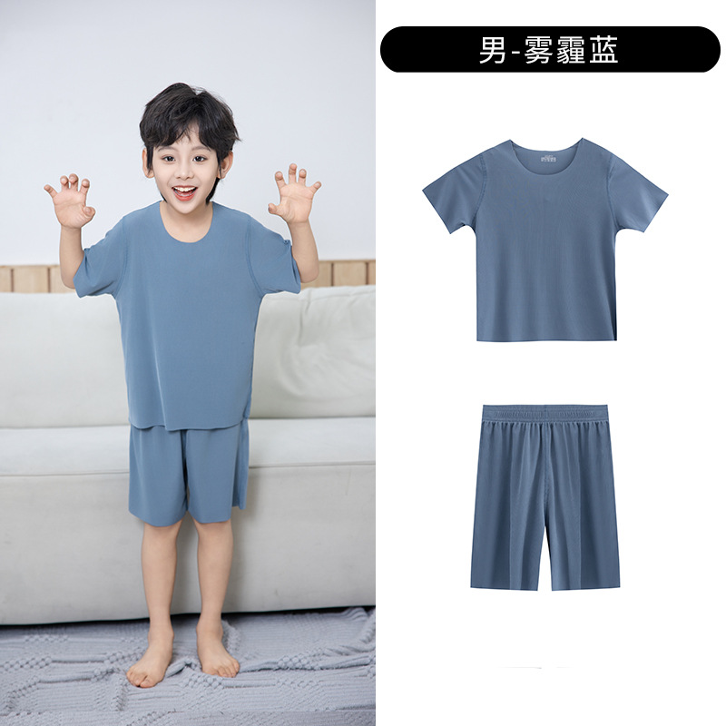 Picture of Summer New Style Boys' Short-Sleeved Loose Seamless Ice Silk Home Clothes Children's Two-Piece Set Girls' Pajamas Set Wholesale