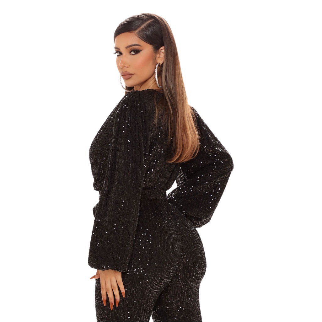Amazon Explosions Autumn European and American High-end Women's Sequins Deep V-Neck Long Sleeve Pants Foreign Trade Pants