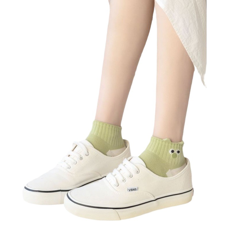 Spring and summer socks women's green cute cartoon embroidery combed cotton boat socks academic breathable women's socks