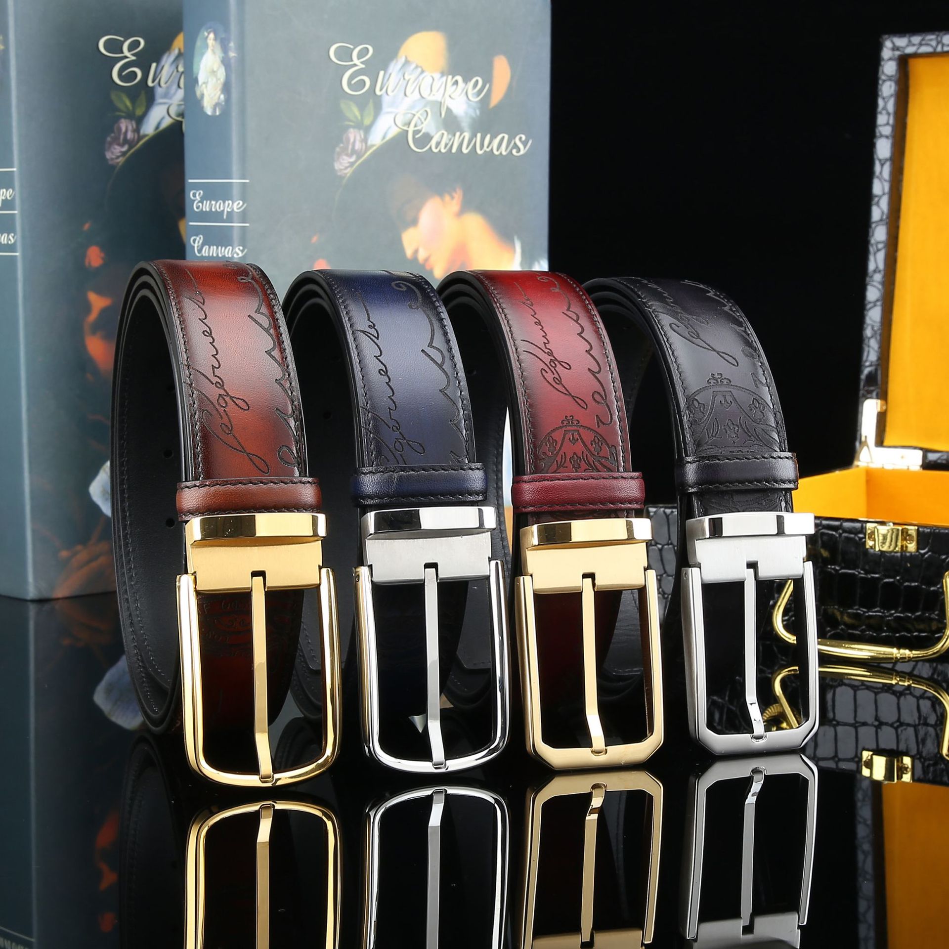 Men's classic pin buckle 3.5 embossed cowhide belt top layer cowhide luxury business men's pants