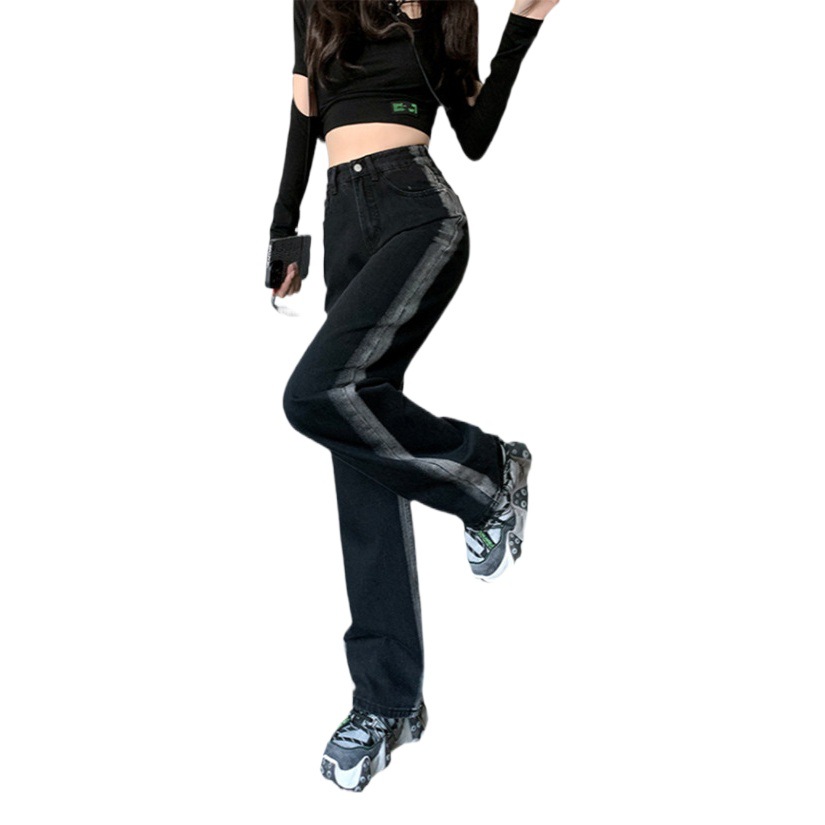 Gradient Jeans Women's fleece-lined Warm Contrast Color Loose Straight All-match High Waist chubby girl Slim Look Wide Leg Trousers