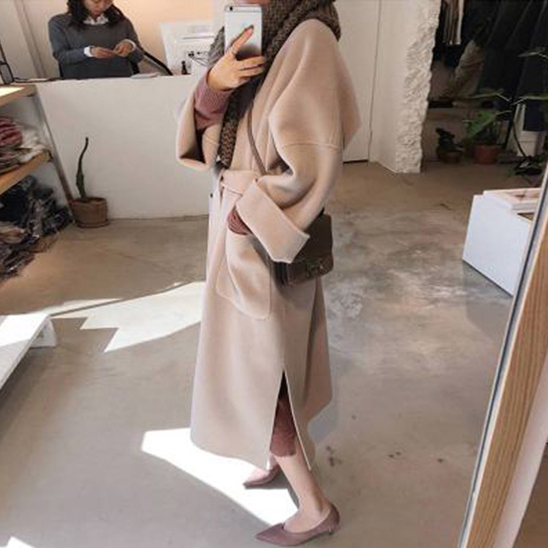 Picture of Black Woolen Coat Women's Winter Super Long Over-the-knee Lace-up Profile Double-sided Cashmere Handmade Woolen Coat