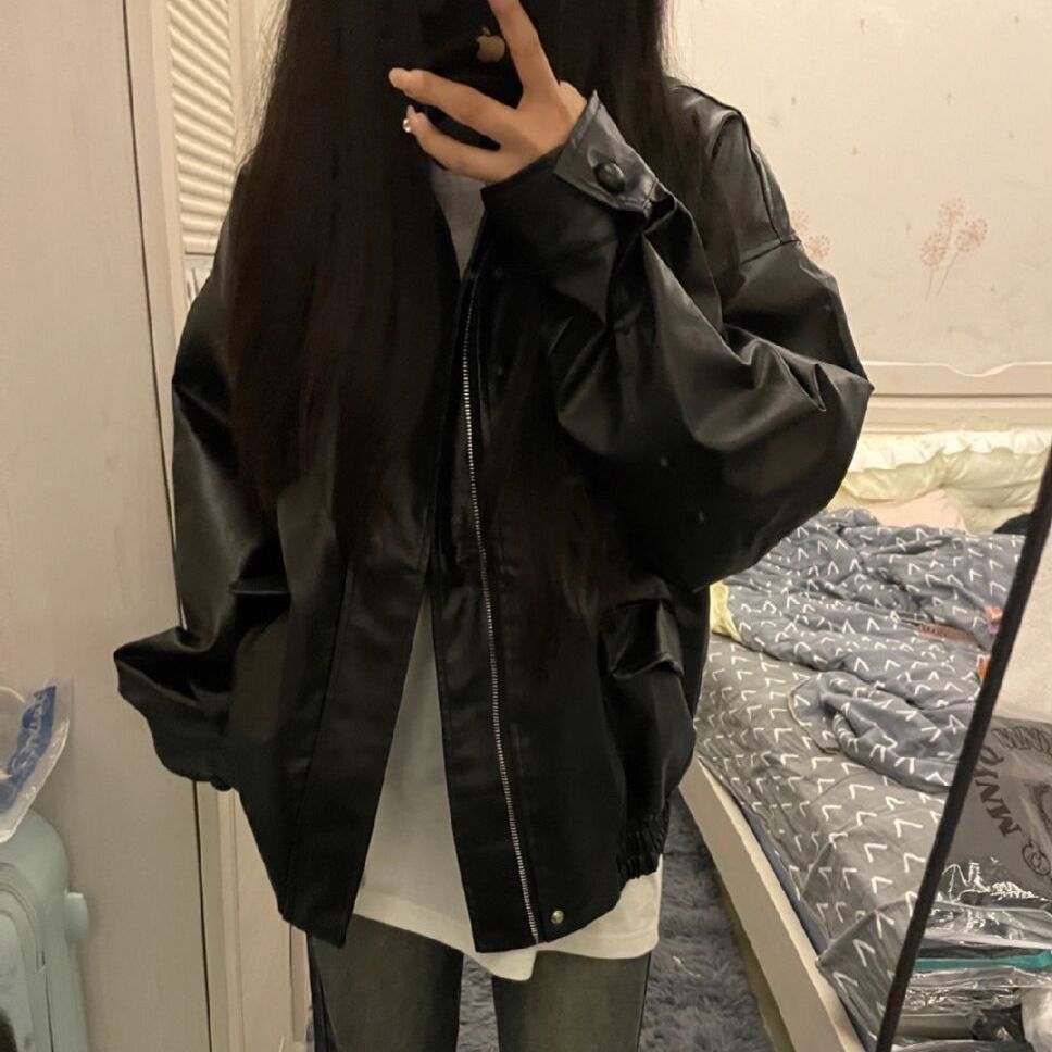 WASTE SOIL Style American Style Retro Black PU Leather Jacket Women's Spring and Autumn New Loose Handsome Casual Motorcycle Jacket Trendy
