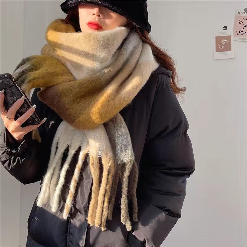 Picture of Winter monochrome plush heavy weight soft fluffy lazy wind solid color large pulled wool warm scarf for students couple