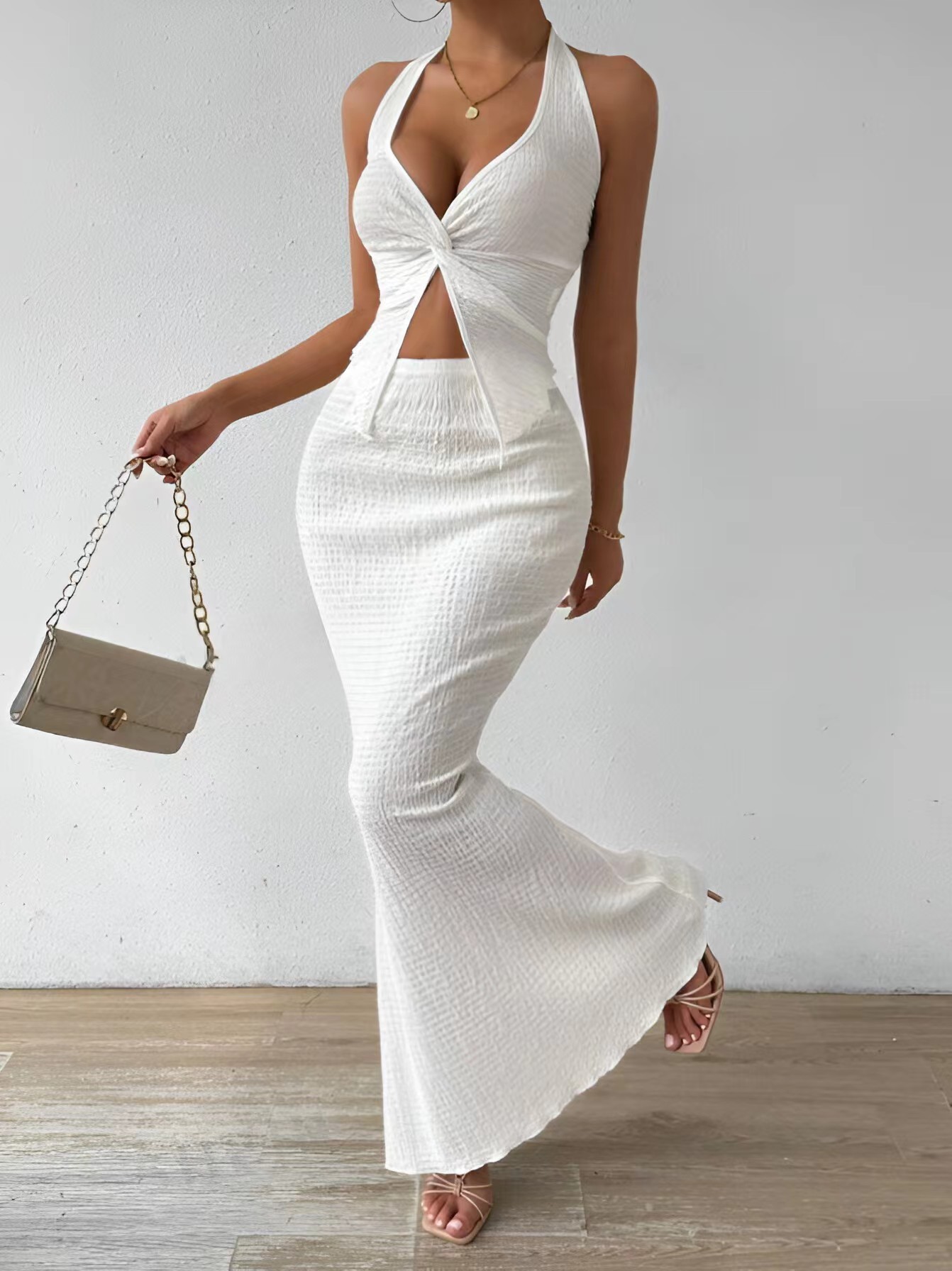 Picture of European and American Cross-border Croissant Women's Summer Solid Color Twist Front Hanging Neck Crop Top and Fishtail Midi Skirt Elegant Double