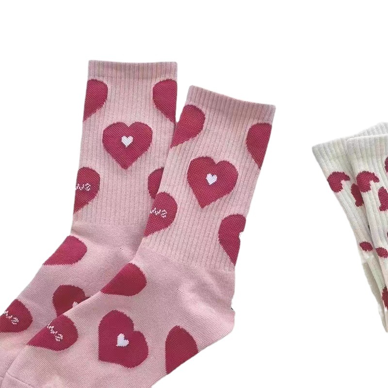 Autumn and Winter pink cute flower love letter casual mid-calf length socks simple all-match ins trendy stockings women's socks