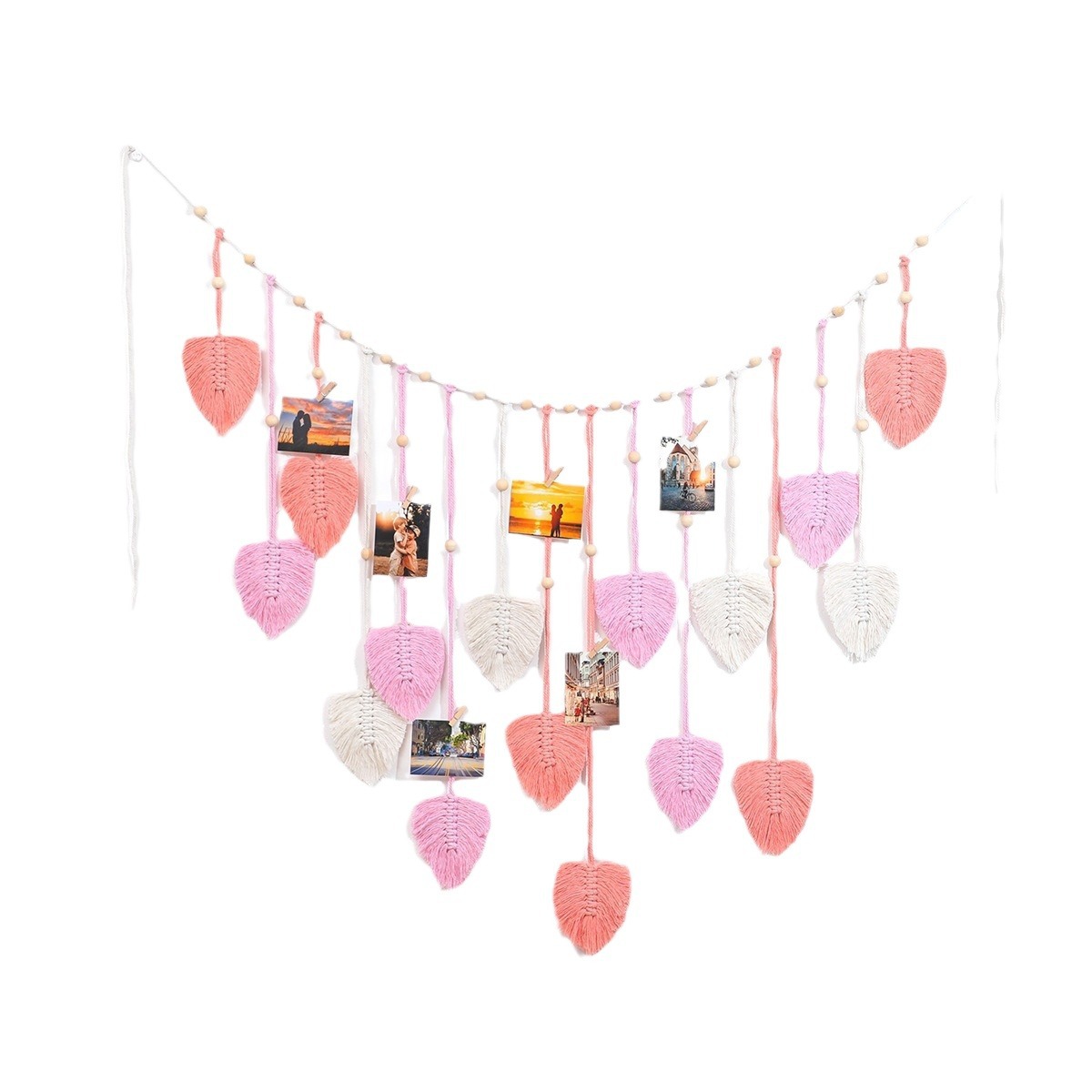 Picture of INS Bohemian Cotton Rope Hand-woven Wooden Beads Leaf Photo Wall Hanging Decorative Tapestries Tassel Wall Hanging