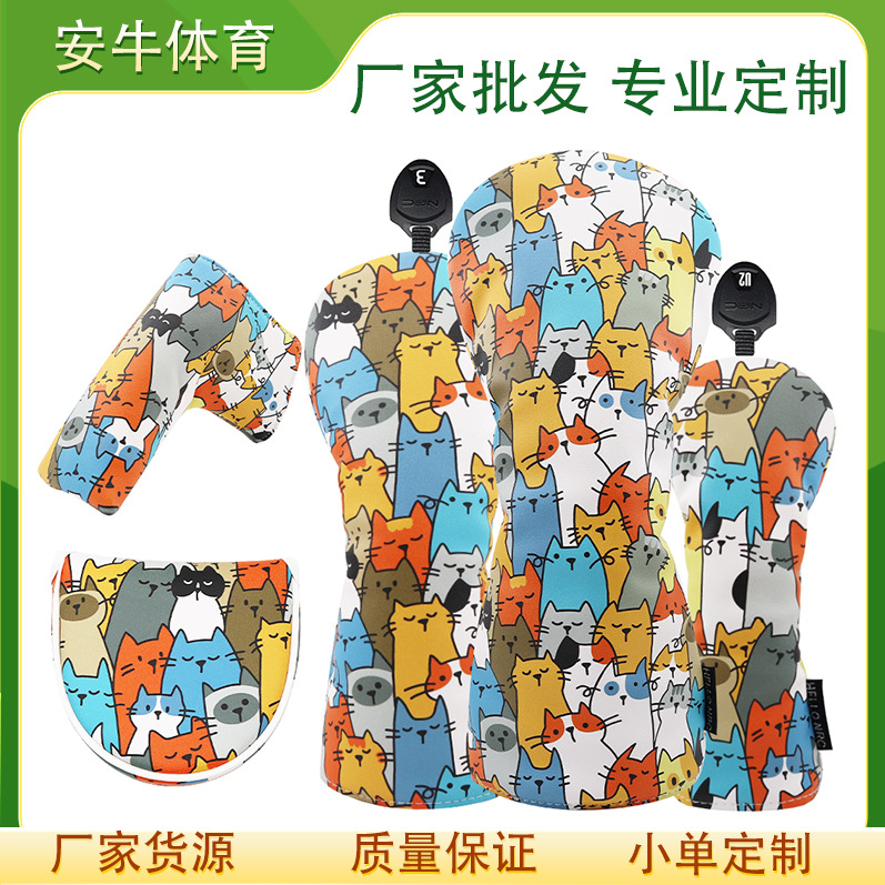 Factory wholesale cross-border new golf club cover wooden club cover golf protective cover graffiti cat PU