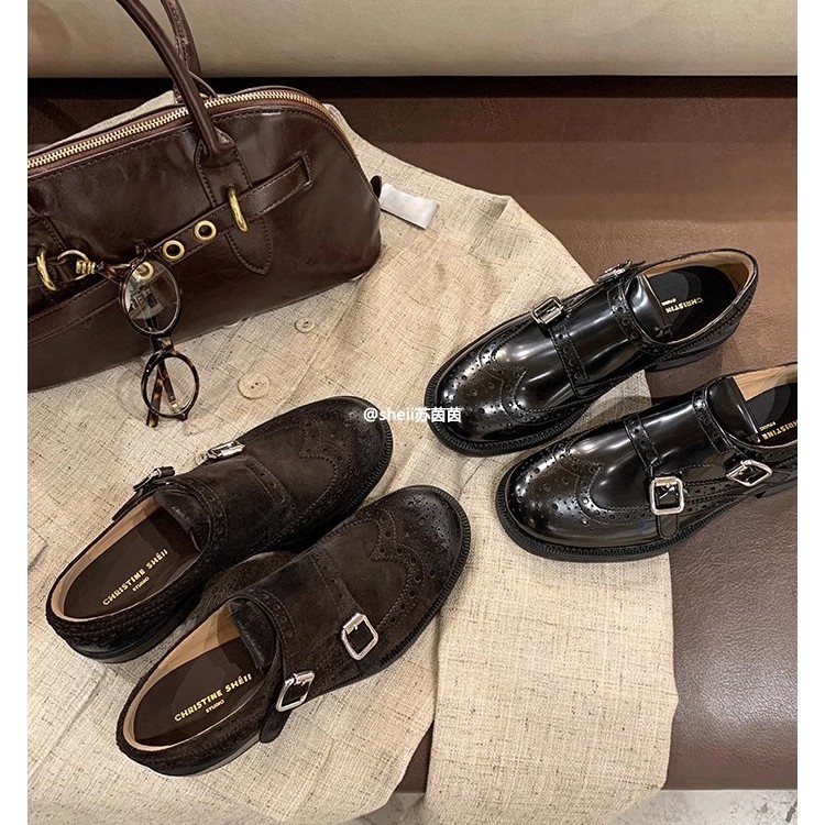 Grape Mom's Same Style Modern Design ~ Miu Carved Buckle Strap Chunky Heel Oxford Loafers Genuine Leather Women's Shoes