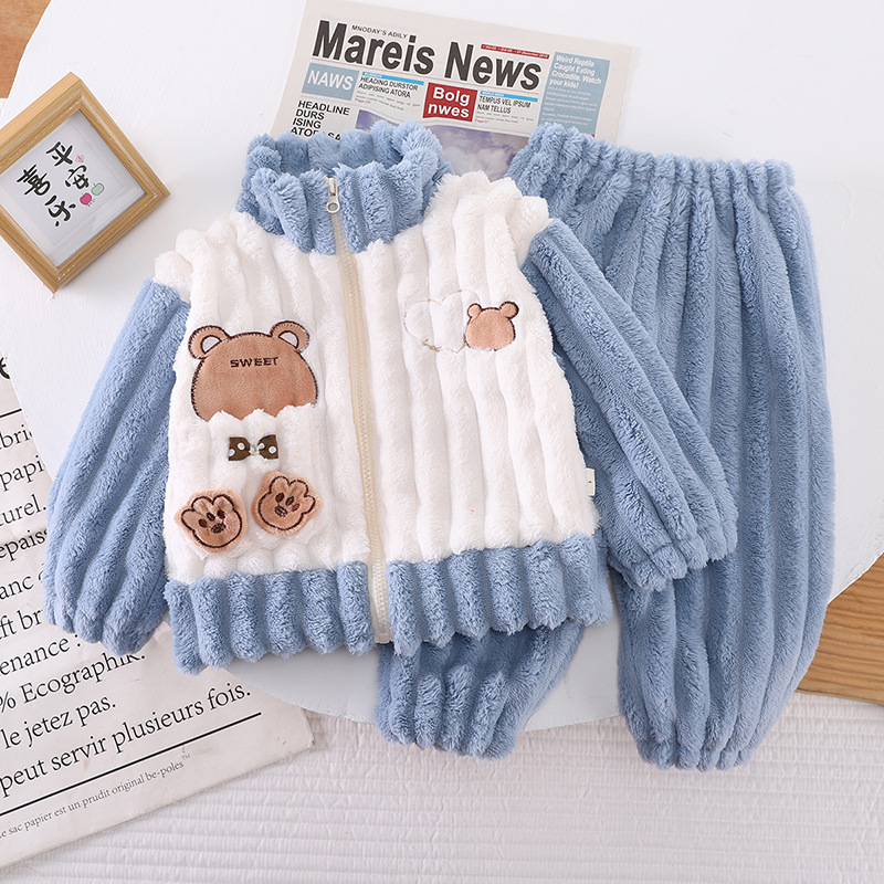Picture of Boys and Girls Winter Home Clothes Zipper Shirt suit New Baby Outfit fleece-lined Thickened Bear Pajamas Two-piece Set