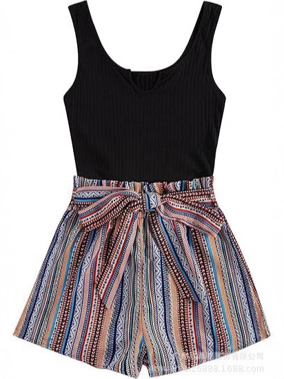 Picture of 25 New Women's Jumpsuit Amazon Hot Knitted Jumpsuit Summer Sleeveless Waist Vest Shorts Jumpsuit