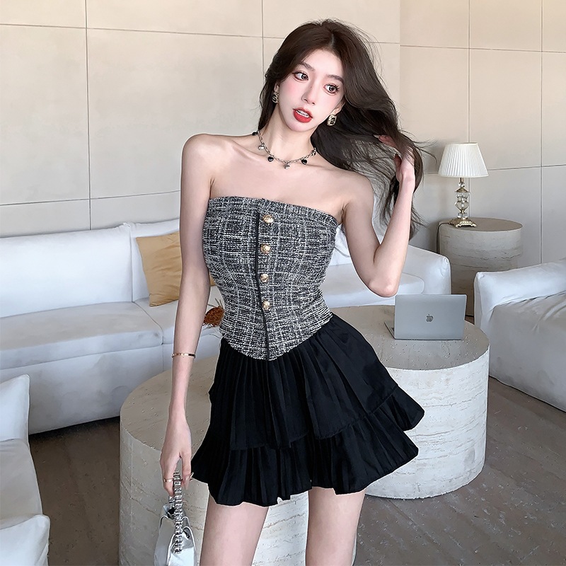 2025 Spring and Summer New Style Chanel Style Black and White Tube Top Short Vest Top Trousers Fashion Two-piece Set