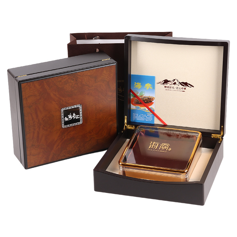 New high-grade aluminum brand sea cucumber packaging box half a kilo a kilo light dry sea cucumber wooden box Liao ginseng gift box empty box wholesale