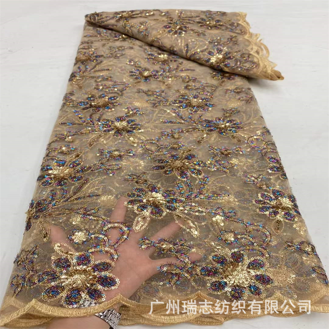 New African Wedding Lace Sequins Embroidery Lace Full Color Gold Tile Mesh Fashion Skirt Fabric