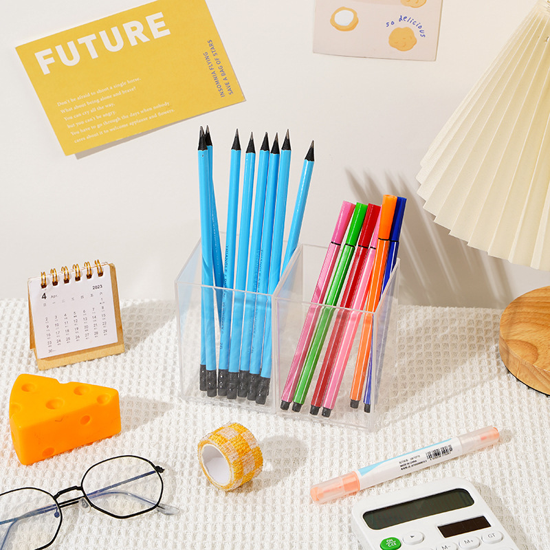Picture of Transparent pen container plastic acrylic square stationery storage tube pen supplies wholesale student culture business creativity