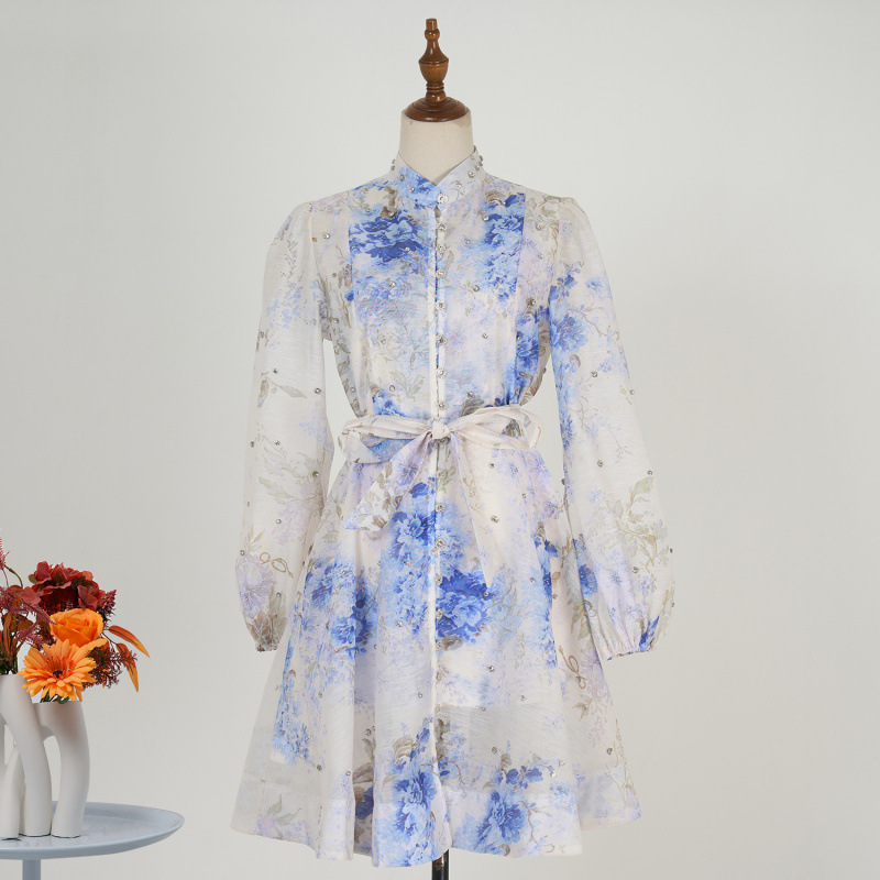 Cross-border in stock French Retro Court Style Exquisite Printed Lantern Sleeve Single-breasted Lace-up Elegant Artistic dress