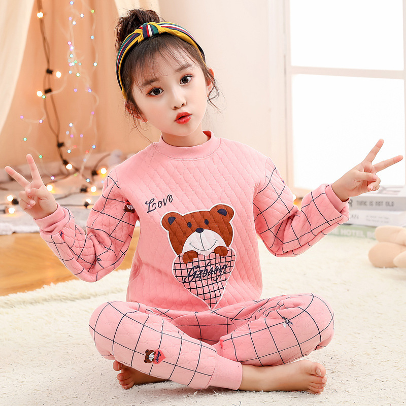Picture of Winter new children's underwear quilted three-layer warm thickened suit half collar children's hollow cotton autumn clothes long pants