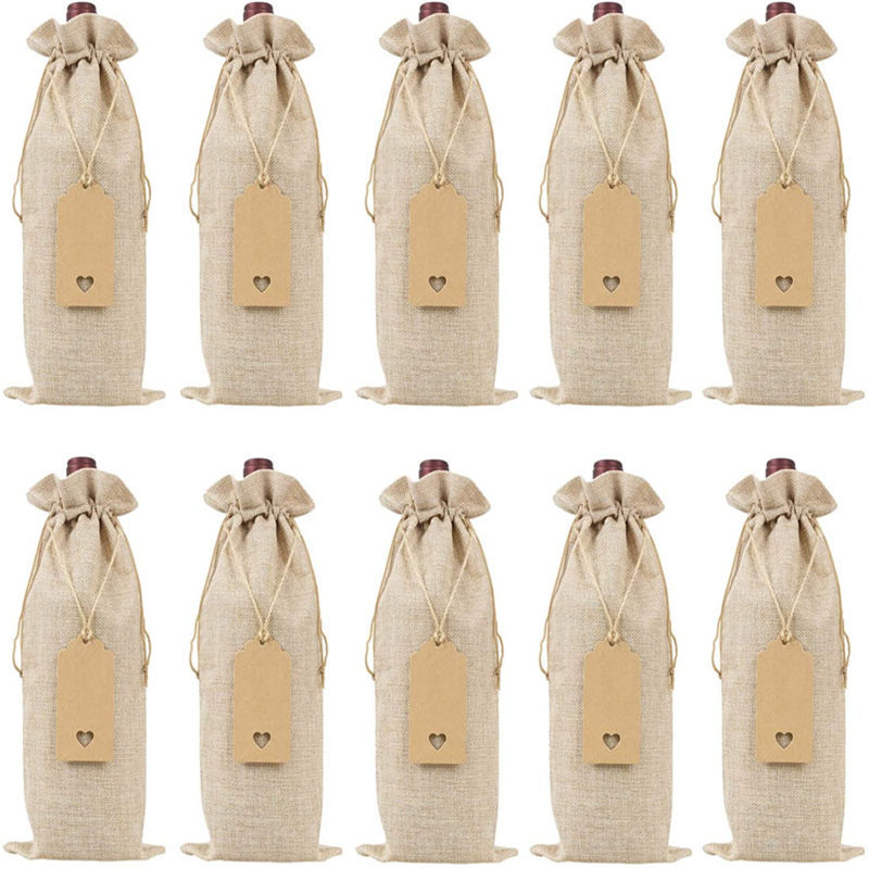 Picture of Burlap Red Wine Bags 12 Sets Burlap Wine Bag Tags Linen Red Wine Wine Packaging Drawstring Flap Pocket Pantss in Stock