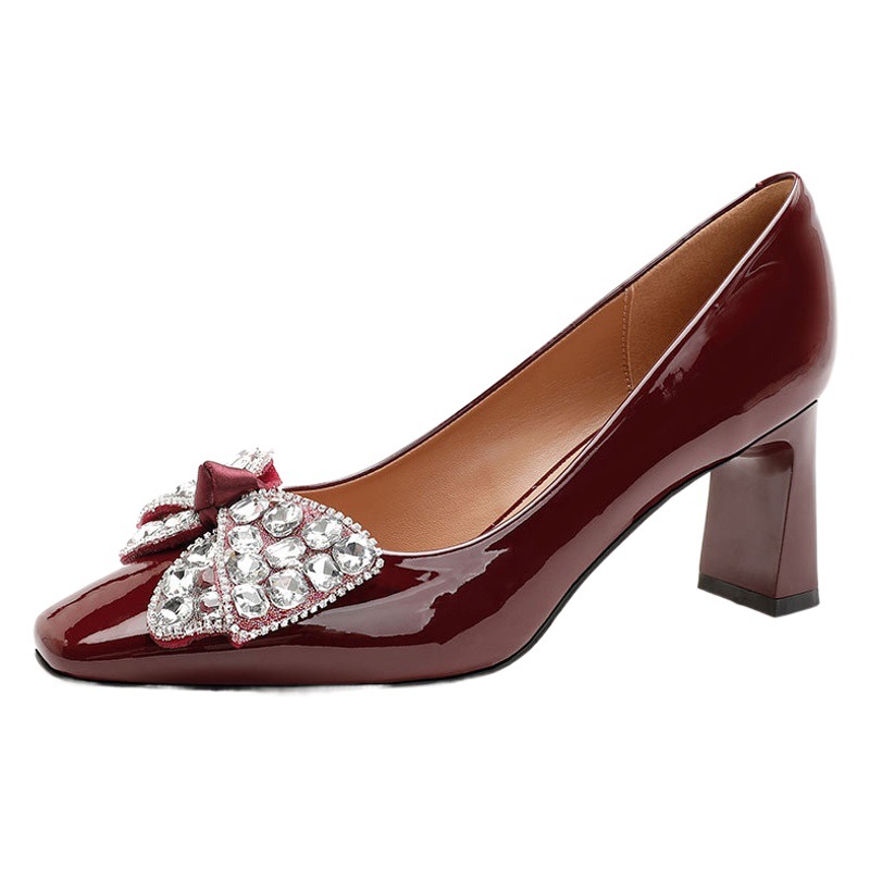 Square Toe High Heels Women's Bow Rhinestone Red Wedding Shoes Bridal Shoes 2025 New Spring & Fall French Thick Heel Shoes