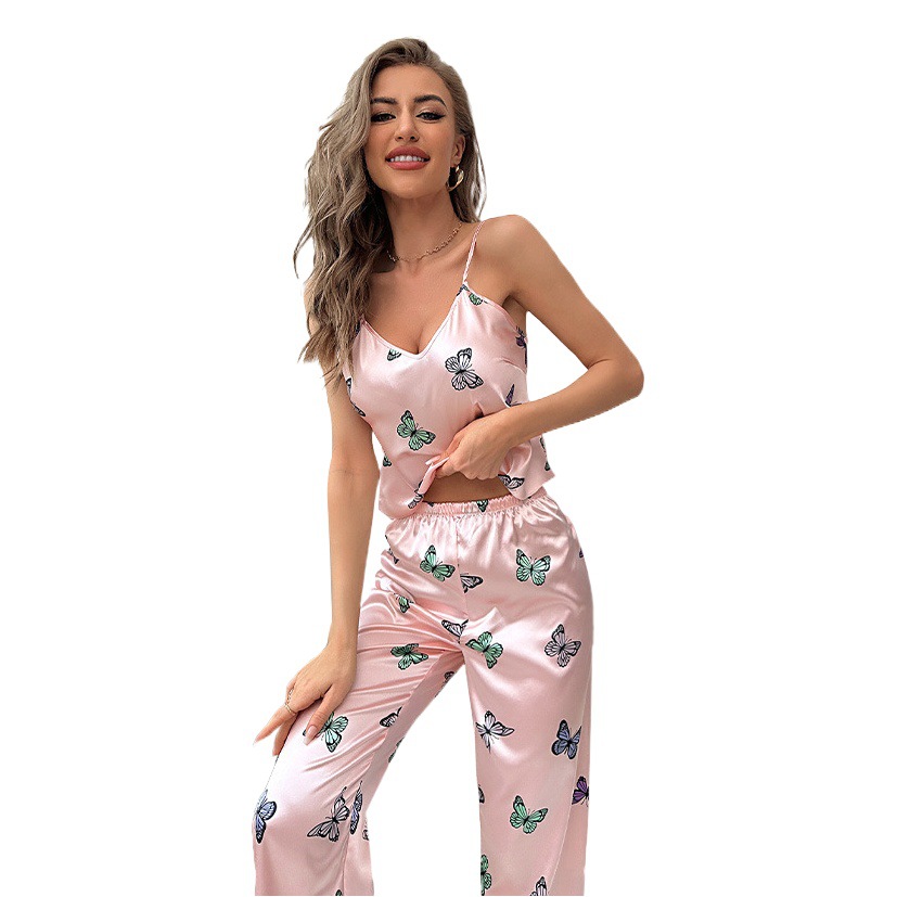 Cross-border foreign trade pajamas women's 2023 new suspenders skirt trousers suit fashion simulation silk printed home clothes