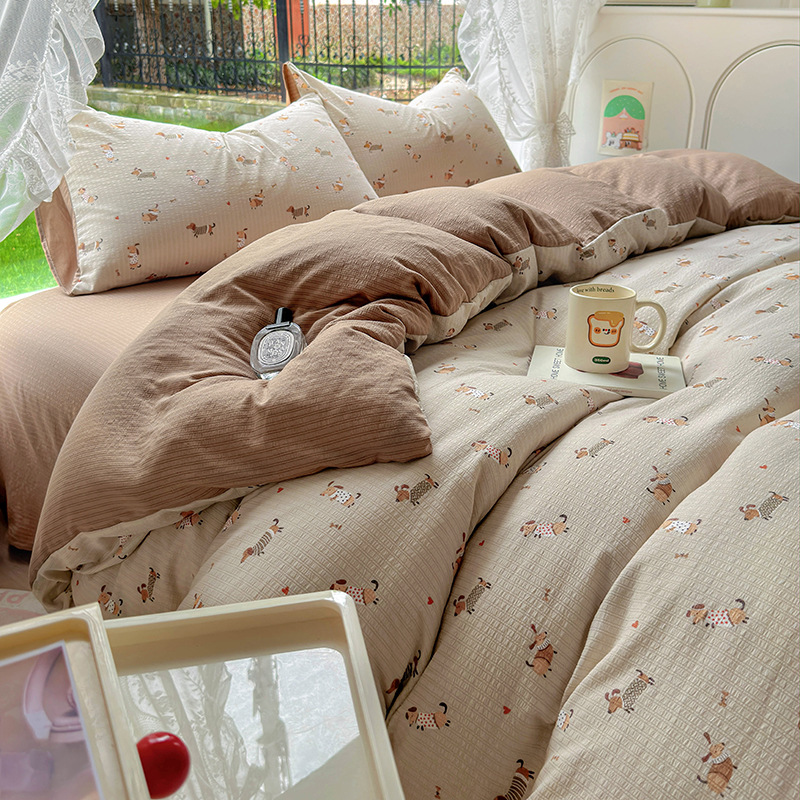 Picture of Class A Maternal and Infant Grade Fresh Small Zhu Cotton Four-piece Set Washed Cotton Bed Sheet Quilt Cover Three-piece Set for Student Dormitory