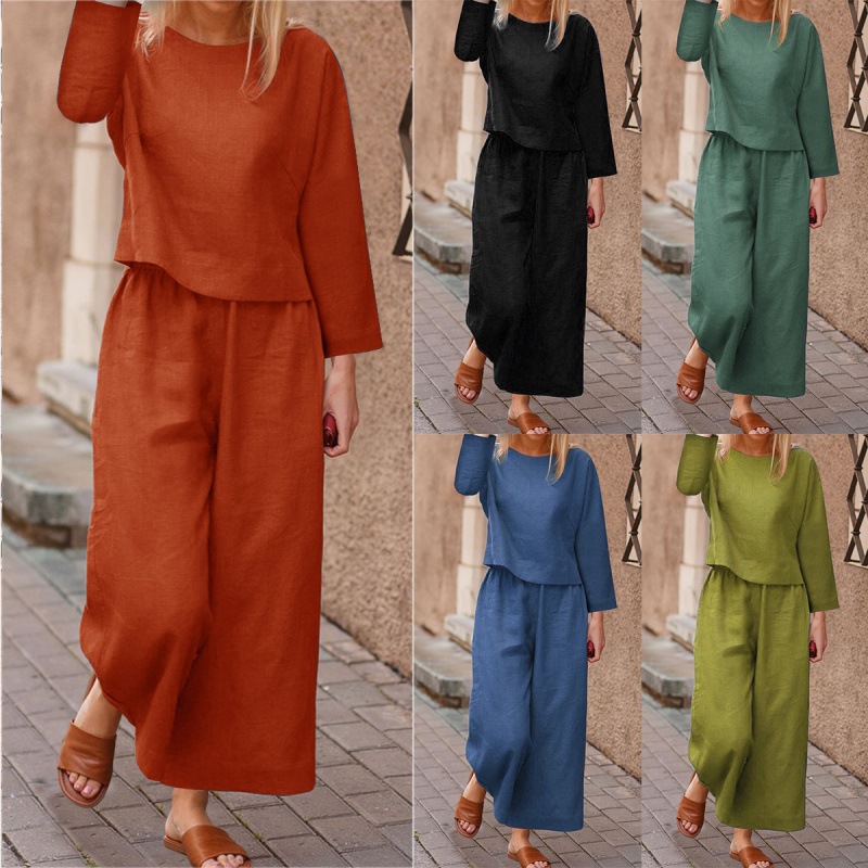 2022 Cross-Border Amazon Casual European and American Large Size Suit Loose Solid Color Shirt and Pants Two-Piece Set