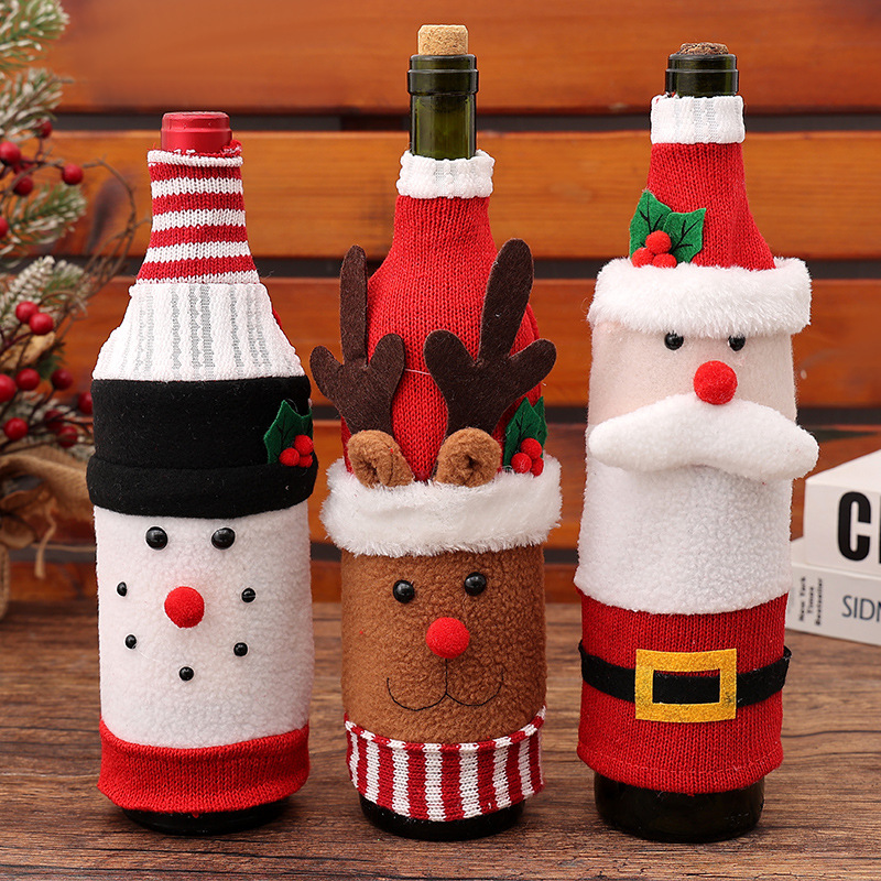 Qiaoding Christmas Decorative Knitted Cartoon Wine Bottle Set Creative Fleece Wine Bottle Set Snowman Wine Bottle Bag