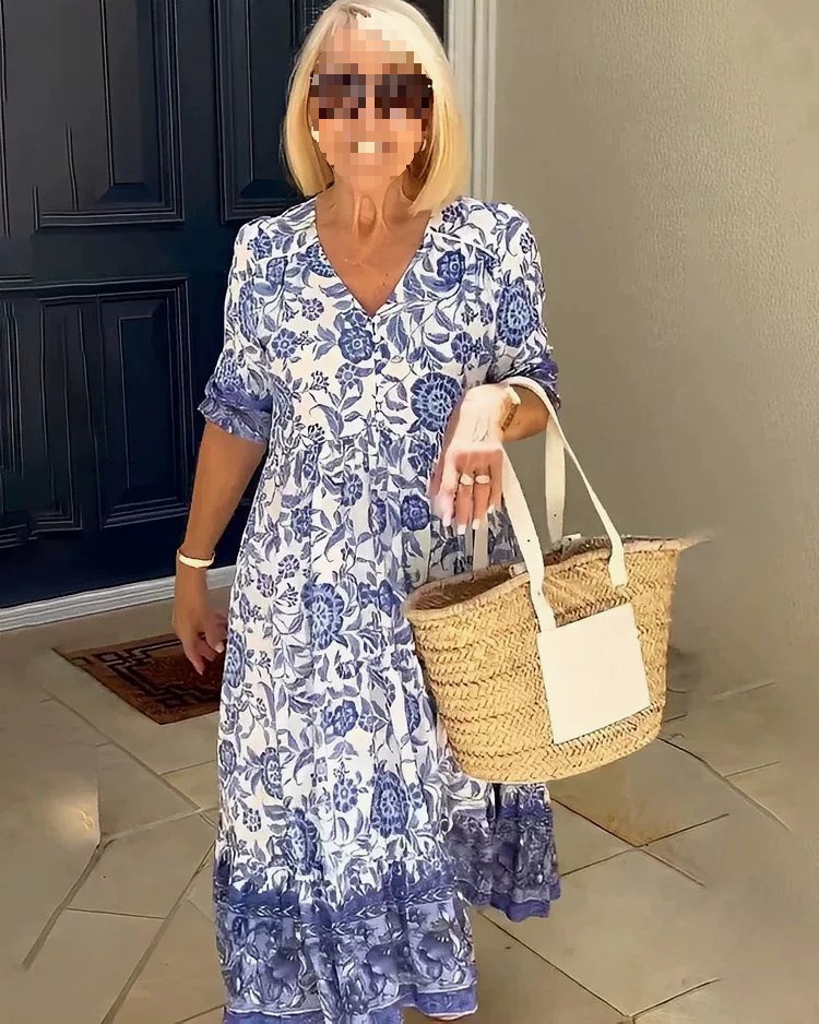 Summer 2024 Foreign Trade Elegant Commuter Long Floral Tie-Dye Printed plus size Loose All-match dress Women's Purple