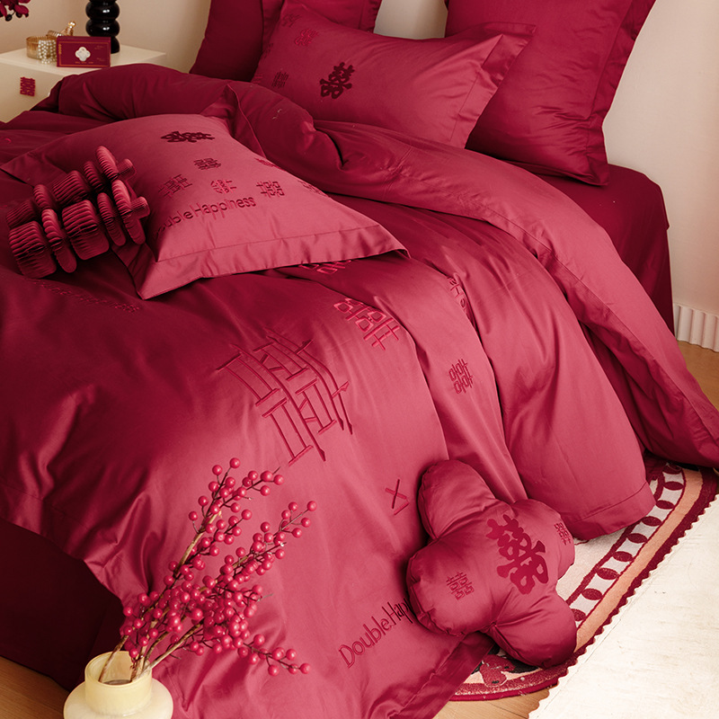 Picture of Baixi new Chinese wedding long-staple cotton satin wedding four-piece cotton cotton embroidered red bedding