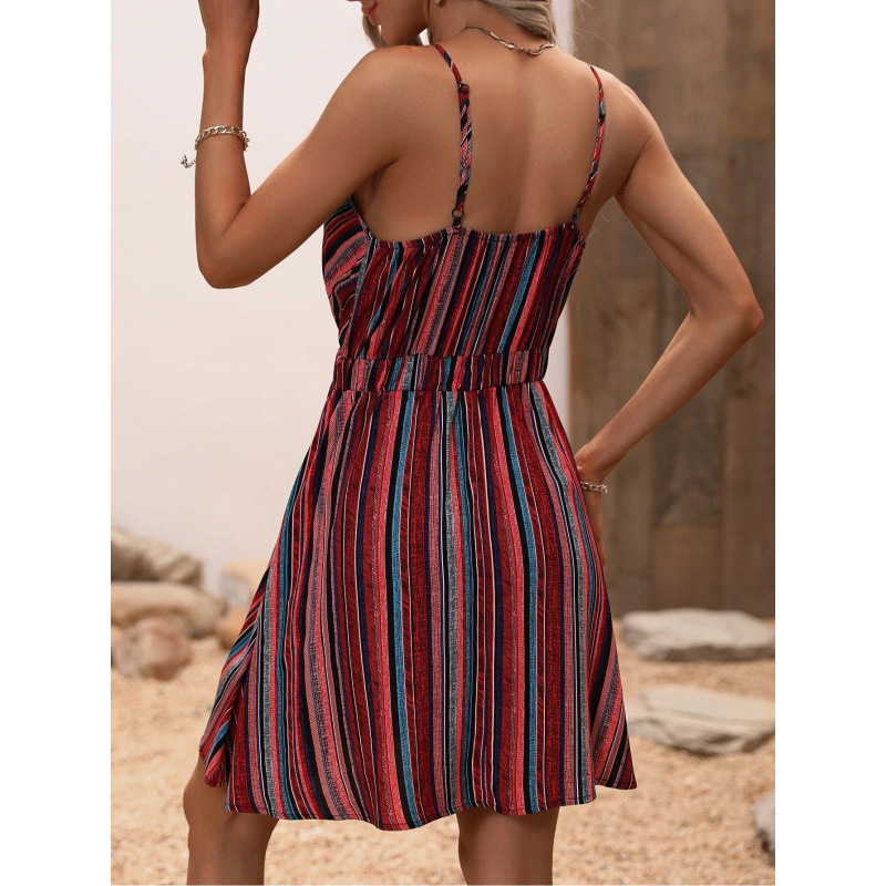 Picture of In-Stock Popular European and American Women's Dress 2025 Summer Striped Wrap V-Neck Spaghetti Strap Elastic Camisole Dress