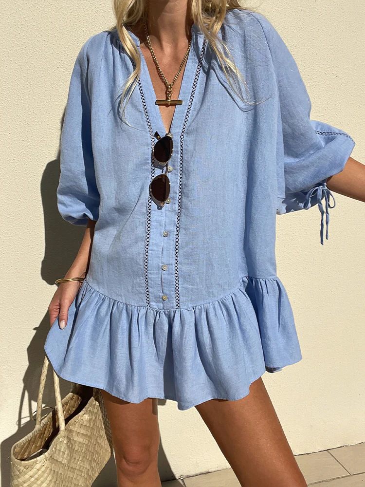 2024 Early Autumn New Amazon Hot V-neck Blue Elegant Loose Shirt Dress BB0330