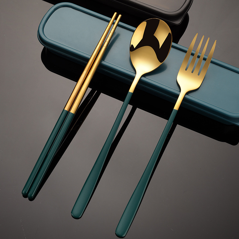 Stainless steel portable tableware fork spoon chopsticks suit Korean three-piece outdoor gift student tableware suit