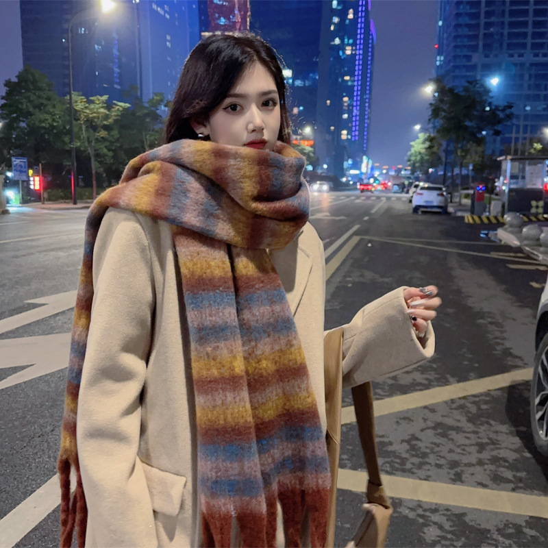Picture of New Style Striped Mohair Plaid Scarf Women's Winter Warm Thickened Long Trendy Instagram Style Student Couple Scarf