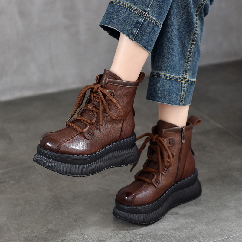 Small Thick-Soled Genuine Leather Short Boots Women's Leather Boots Winter Velvet Warm Cotton Boots Cowhide Boots