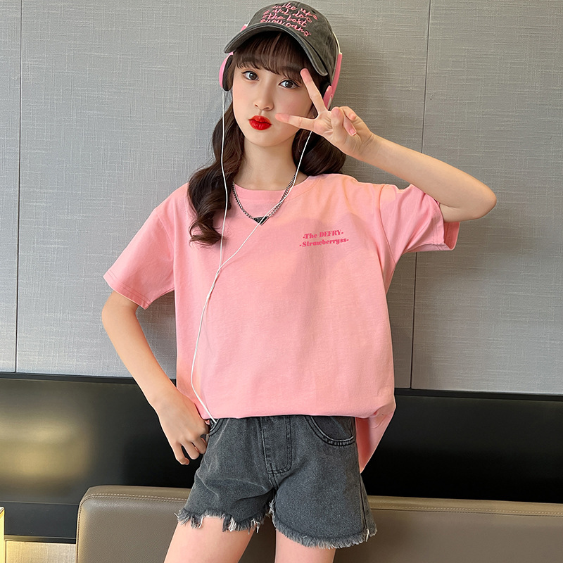 Picture of Girls' Short-sleeved Pure Cotton T-shirt Summer New Arrival Loose Sports Cartoon Printed Top Western Style Half-sleeved T-shirt Girls' Children's Wear
