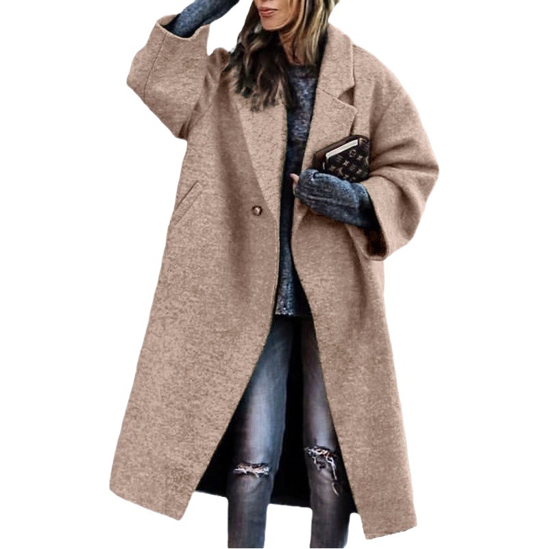European and American autumn and winter long woolen coat color elegant commuter belt-free lapel loose woolen green coat for women