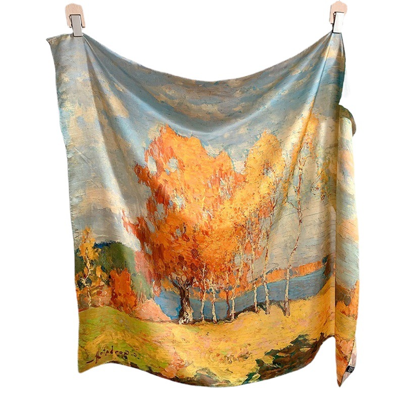 Hangzhou Silk Scarf Women's Oil Painting Printed Silk Large Square Scarf Fashionable High-end Mulberry Silk Large Shawl Light Luxury All-match Scarf