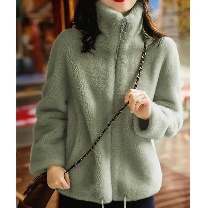 Picture of Fleece-lined thickened coat women's fashionable winter double-sided fleece warm turtleneck sweater zipper cardigan coral fleece top women