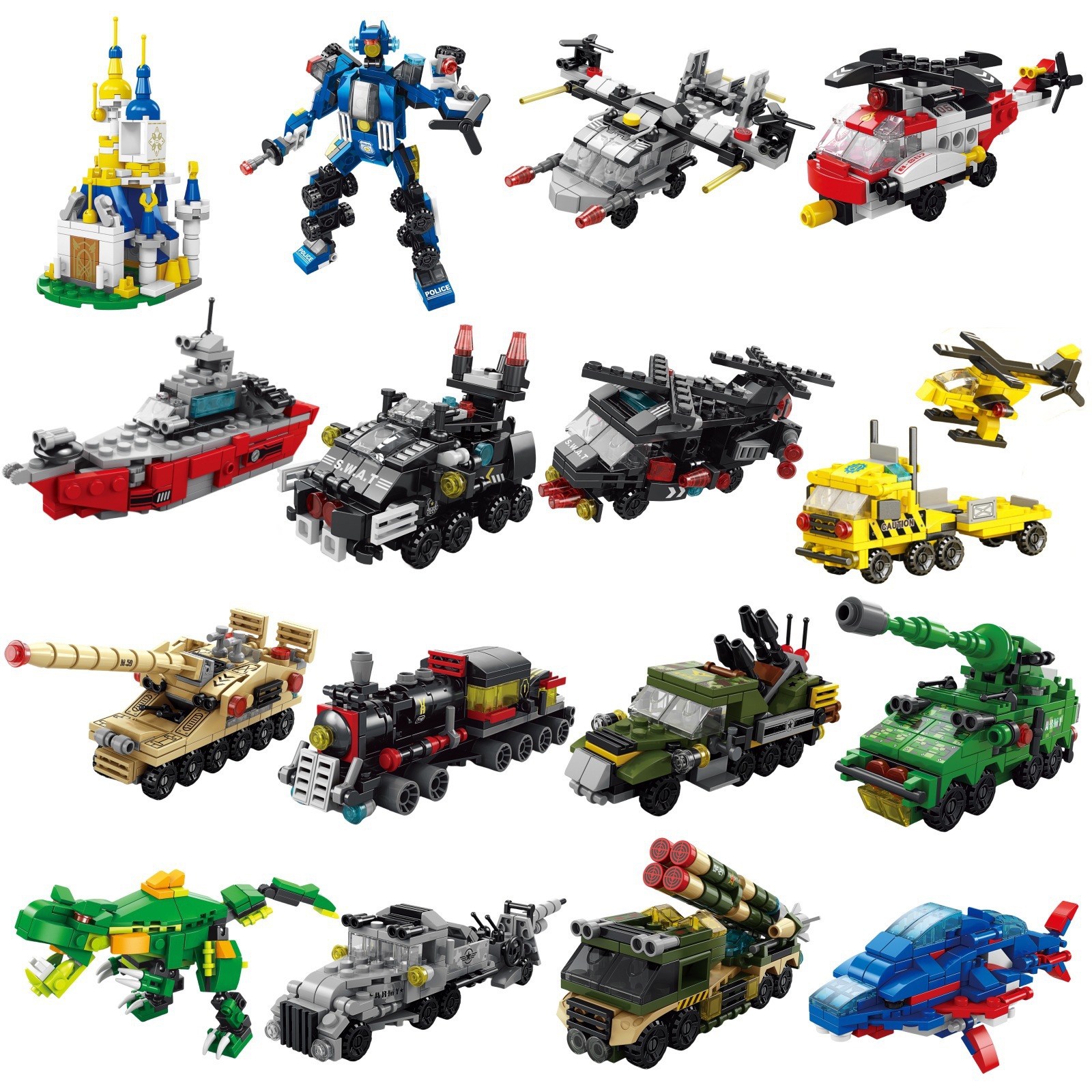 Compatible with Lego Small Particles Children Military Mech Dinosaur Armored Tank Castle Flying Machine Box Building Blocks Toy Wholesale