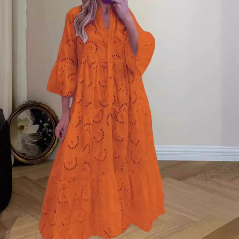Evening Women's 2024 Spring Atmospheric Bubble Sleeve Solid Color Hollow-out Loose Casual dress