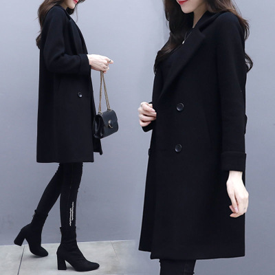 Picture of 2025 New Autumn and Winter Thickened Hepburn-Style Pocket Woolen Coat for Women, Black Slimming Mid-Length Woolen Coat