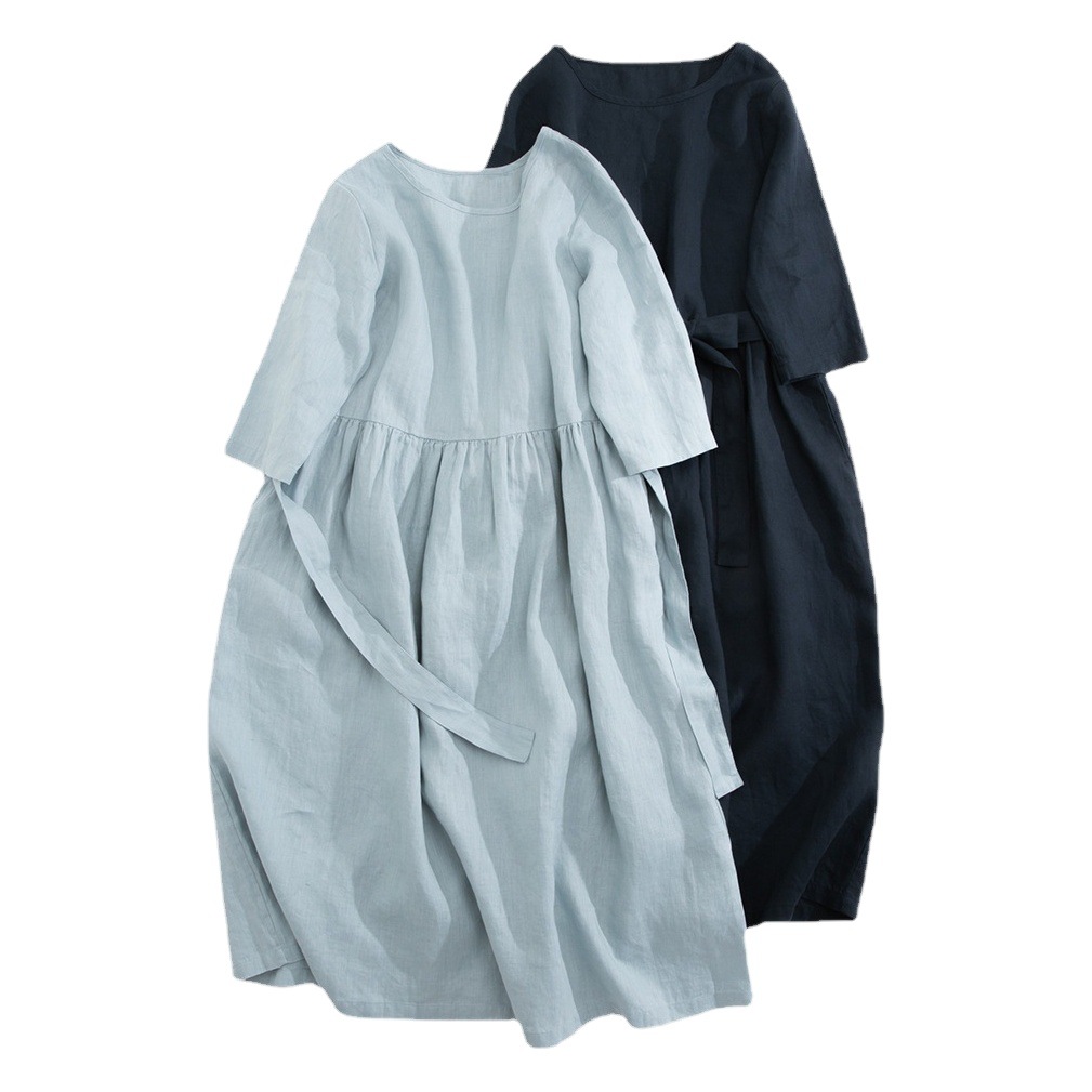 2023 Summer New Cotton and Linen Solid Color dress Belt Tight Waist Belly Covering Slimming Large Round Neck Mid-Sleeve Long Dress