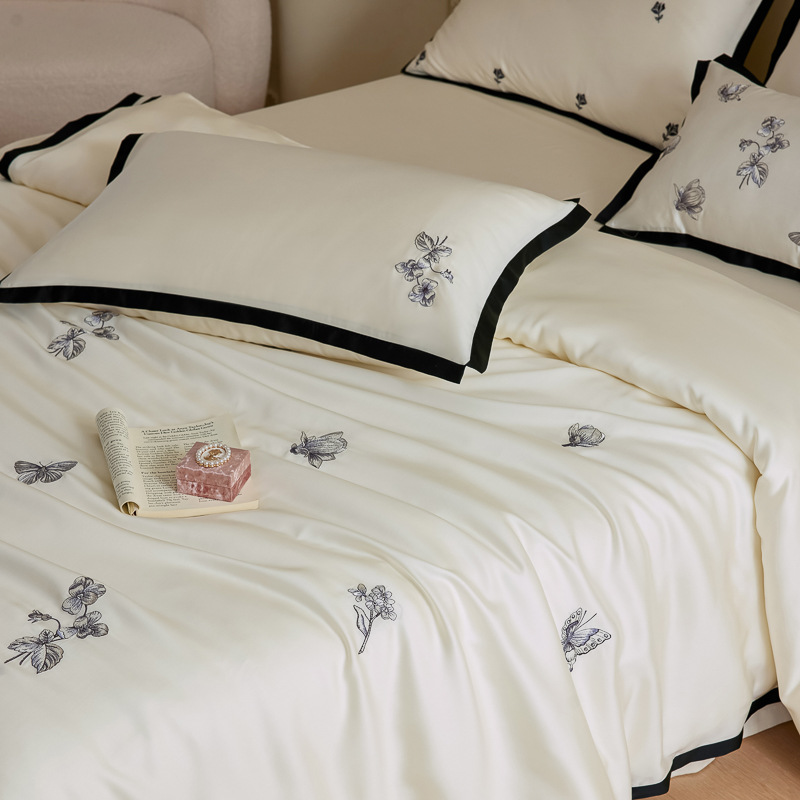 High-grade Class A Girl Heart Butterfly Embroidery Lanjing Tencel Four-piece Set Cool Silky Bed Sheet Quilt Cover Skin-friendly Bedding 4