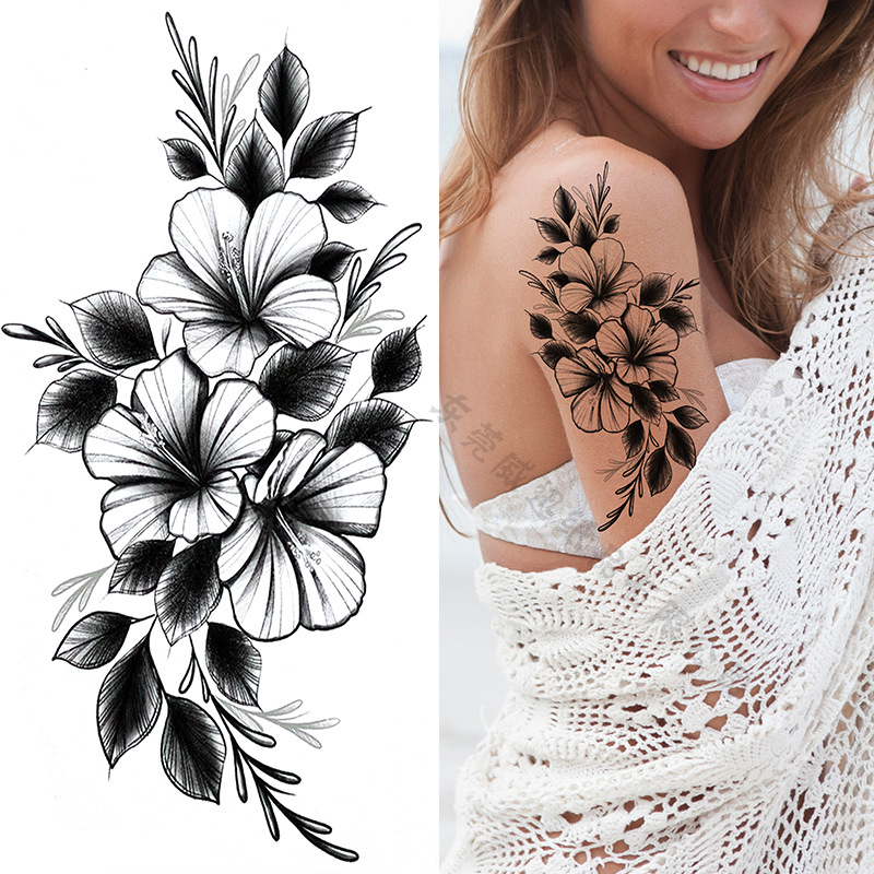 Picture of Cross-Border Supply of Sketch Flower Tattoo Stickers, Sketch Tattoo Stickers, Rose Flower Black and White Flower Tattoo