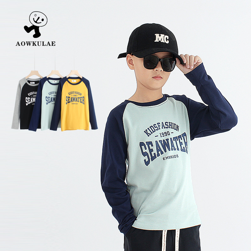 Spring and Autumn Korean Style New Children's Long-sleeved T-shirt Large Children's All-match Raglan Cotton Cashmere Top Boys' Base Shirt
