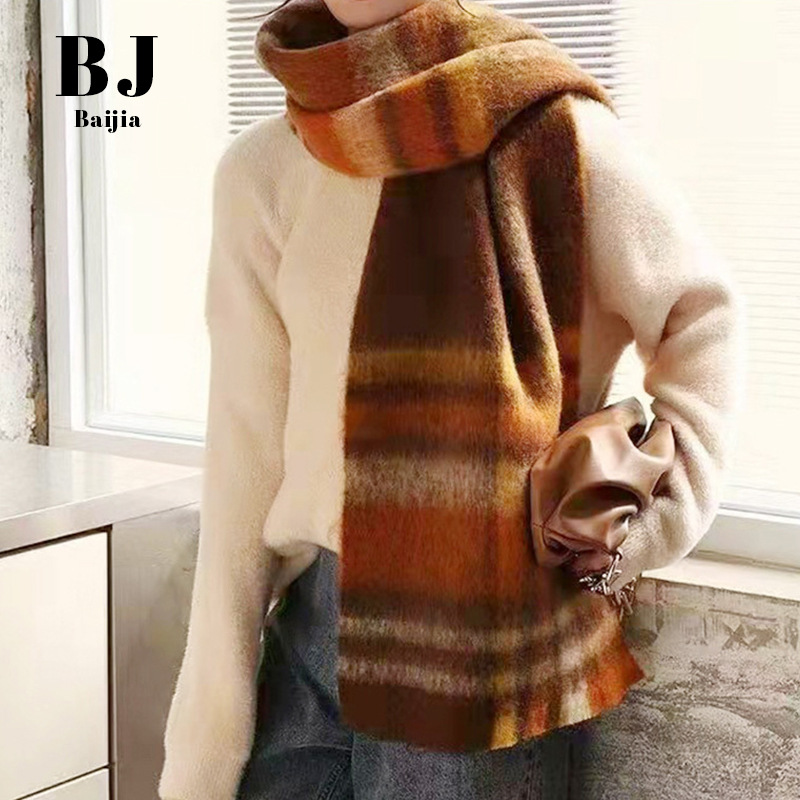 Autumn and Winter All-match Scarf Women's High-end Tassel Plaid Scarf Thickened Warm Rainbow Scarf Shawl in stock Wholesale